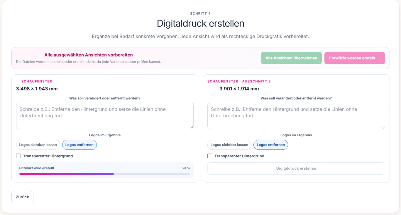 Digitaldruck-Vorbereitung für zwei getrennte Schaufensterflächen