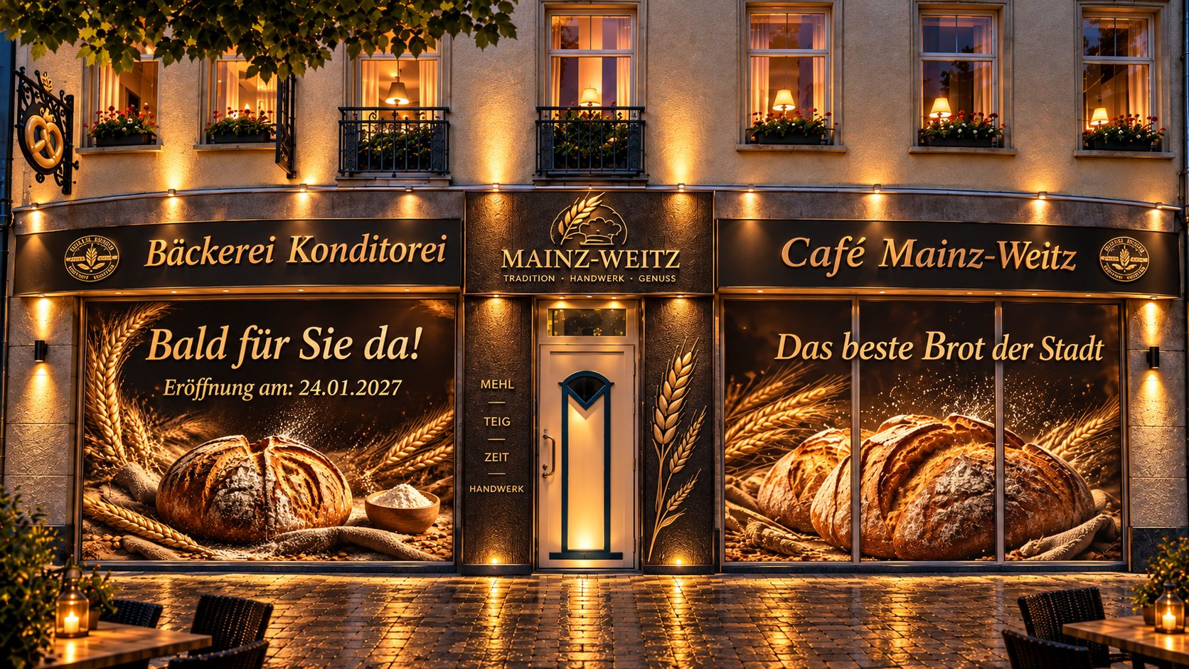 Traditionsbäckerei mit warm beleuchteten Schaufenstern